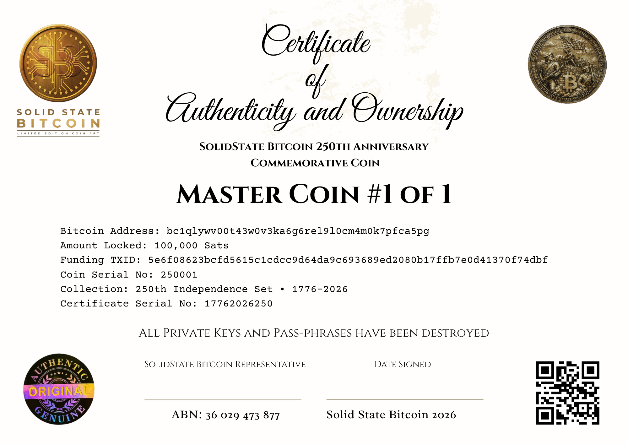 Master Token Certificate of Authenticity