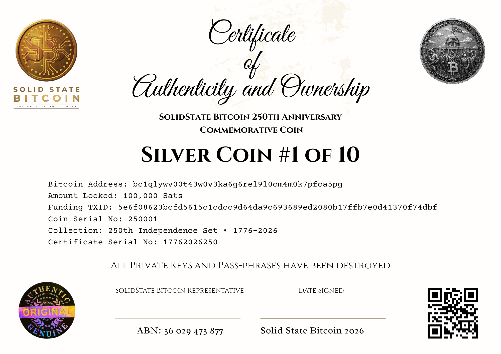 Silver Token Certificate of Authenticity